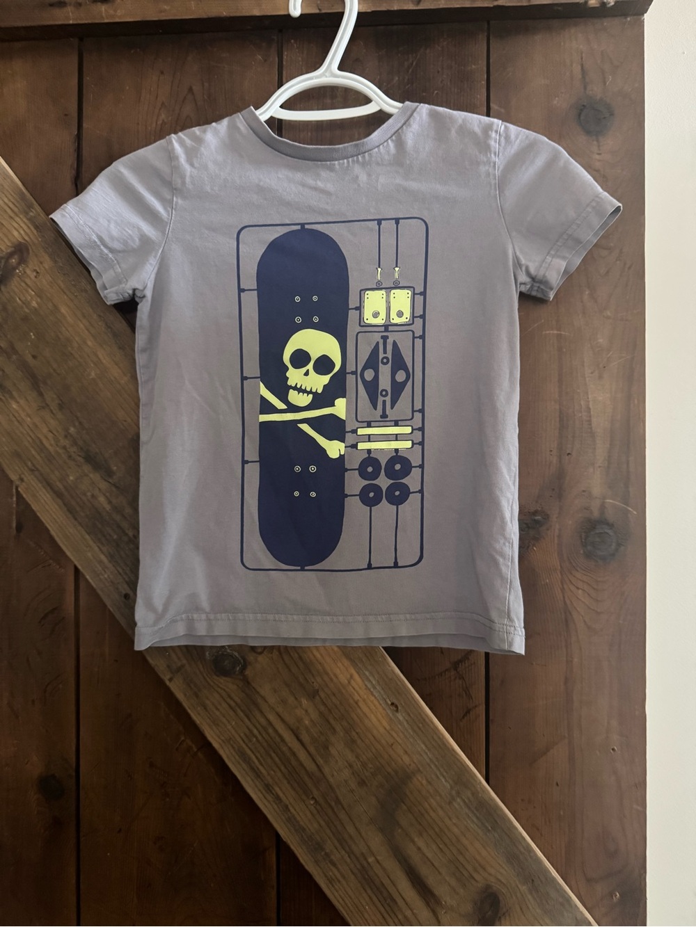 Mini Boden Gray Tee with Navy Skateboard and Neon Yellow Skull Graphic
